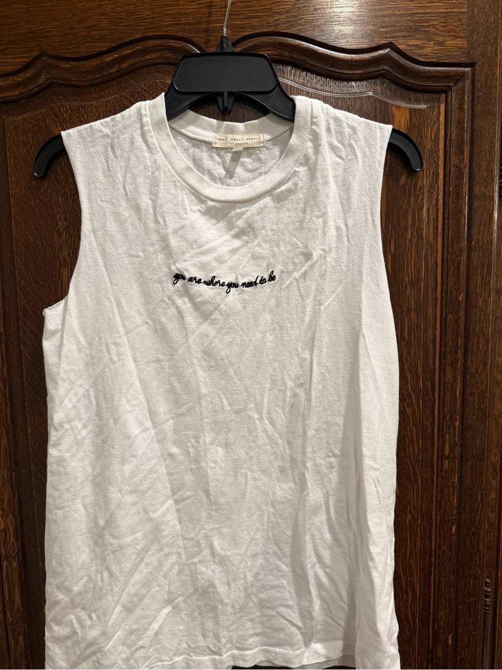 Truly Madly Deeply White Crewneck Tank with Small Black Script Label